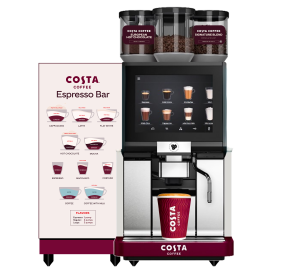 Costa Pacto X2  Pacto delivers premium espresso-based drinks in 90 seconds, offering various cup sizes for barista-quality beverages. Perfect for served or self-serve locations, Pacto integrates seamlessly into smart ecosystems with optional payment systems. Costa provides all-inclusive support, making Pacto the ultimate hassle-free coffee solution.  